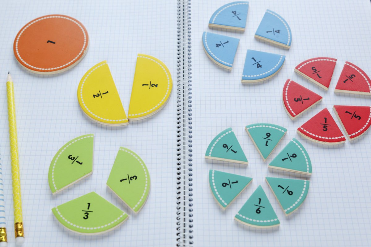 peças de frações sobre um caderno