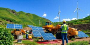 Técnicos em mineração sustentável com tecnologias verdes.