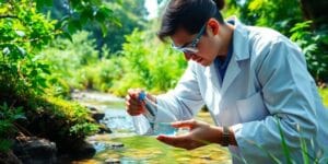 Técnico de química analisando amostras de água em campo.